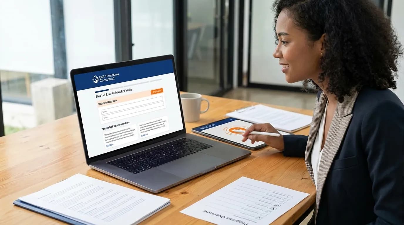 Person interacting with AI-assisted timeshare exit wizard interface showing guided intake process