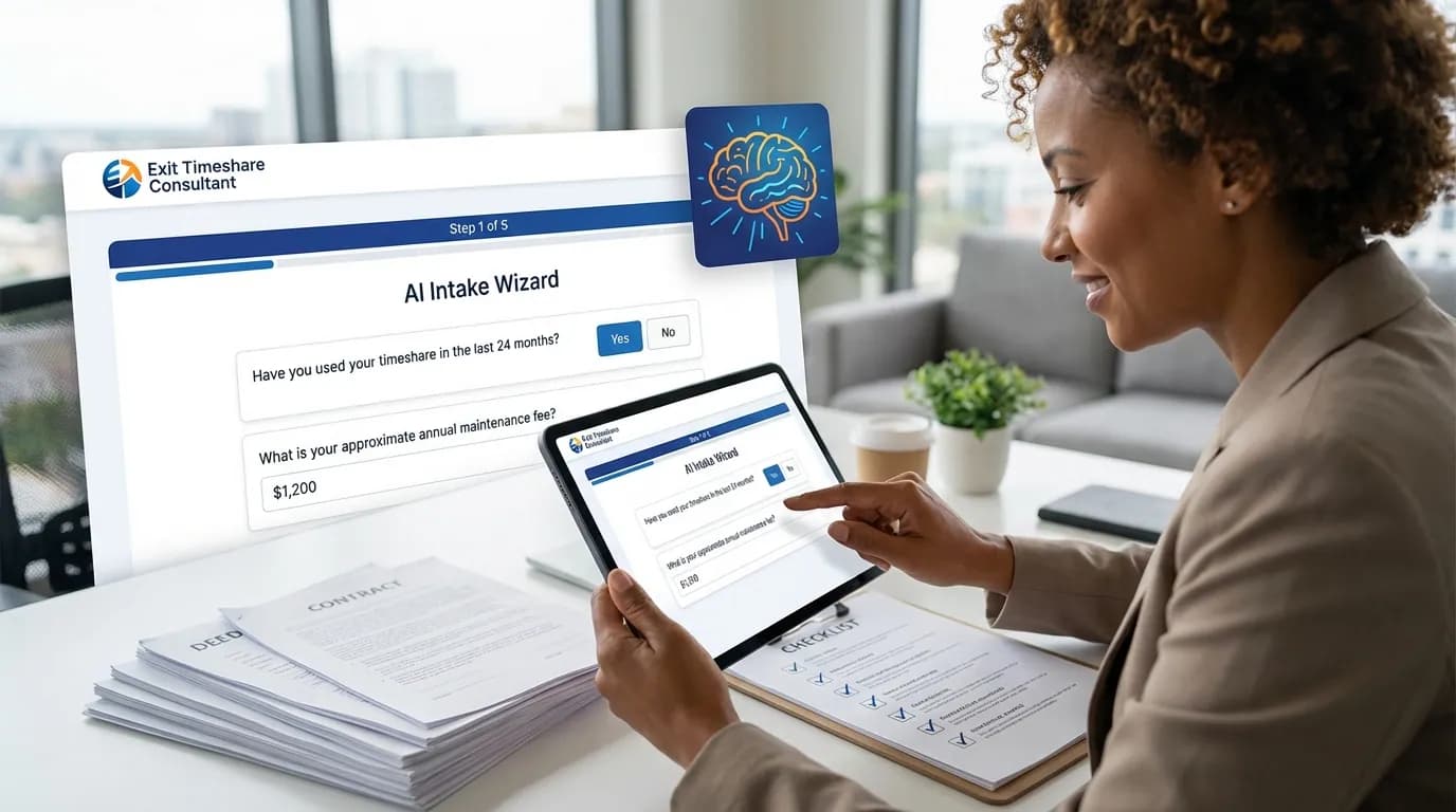 Person completing AI-guided intake wizard with progress indicators