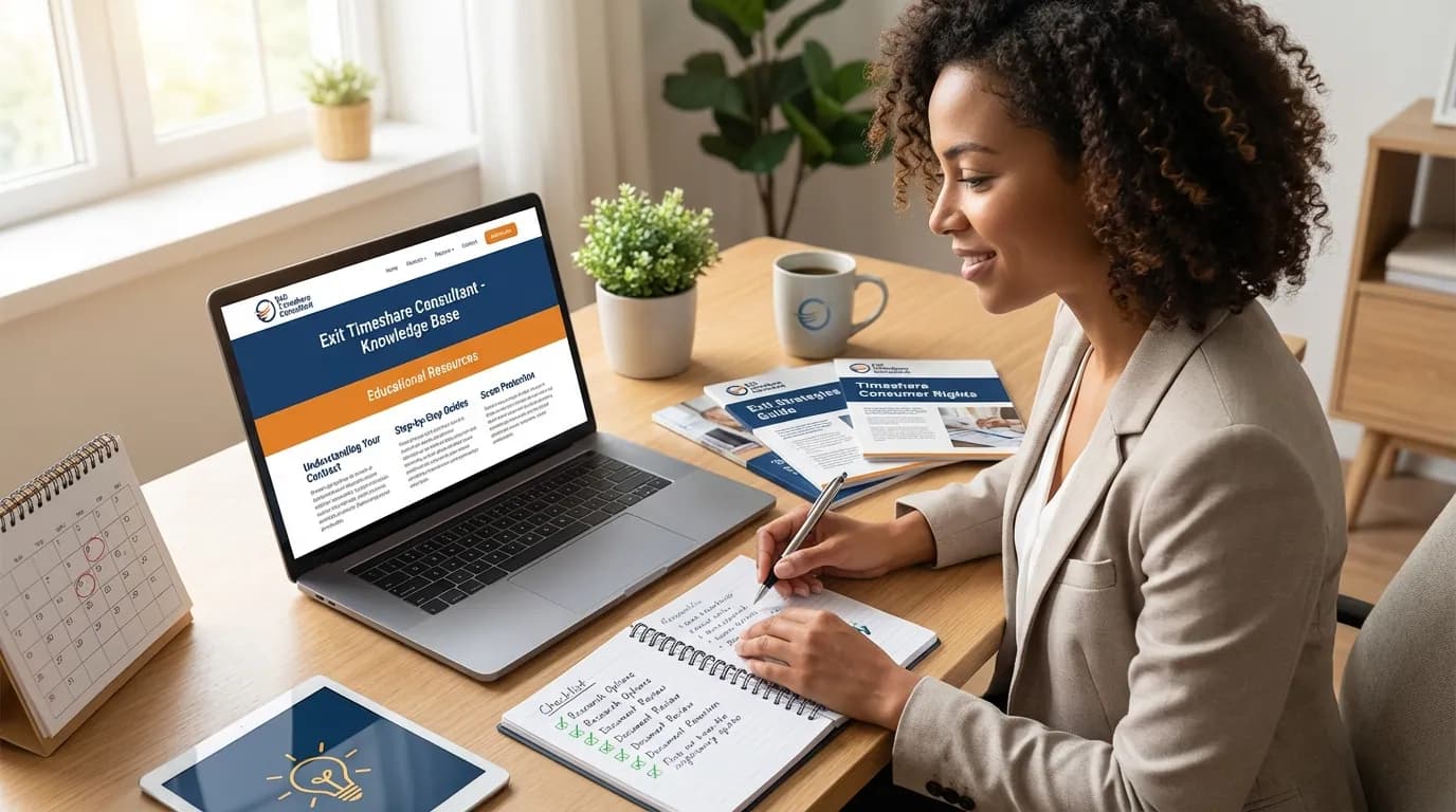 Person at desk learning from knowledge base with educational materials, checklists, and our company logo visible