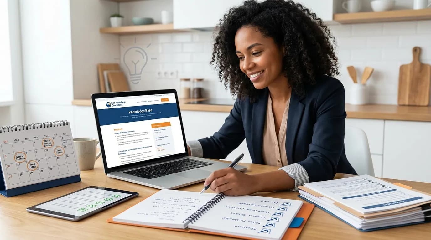 Person at desk working on DIY timeshare exit with organized documents, checklists, and our knowledge base visible