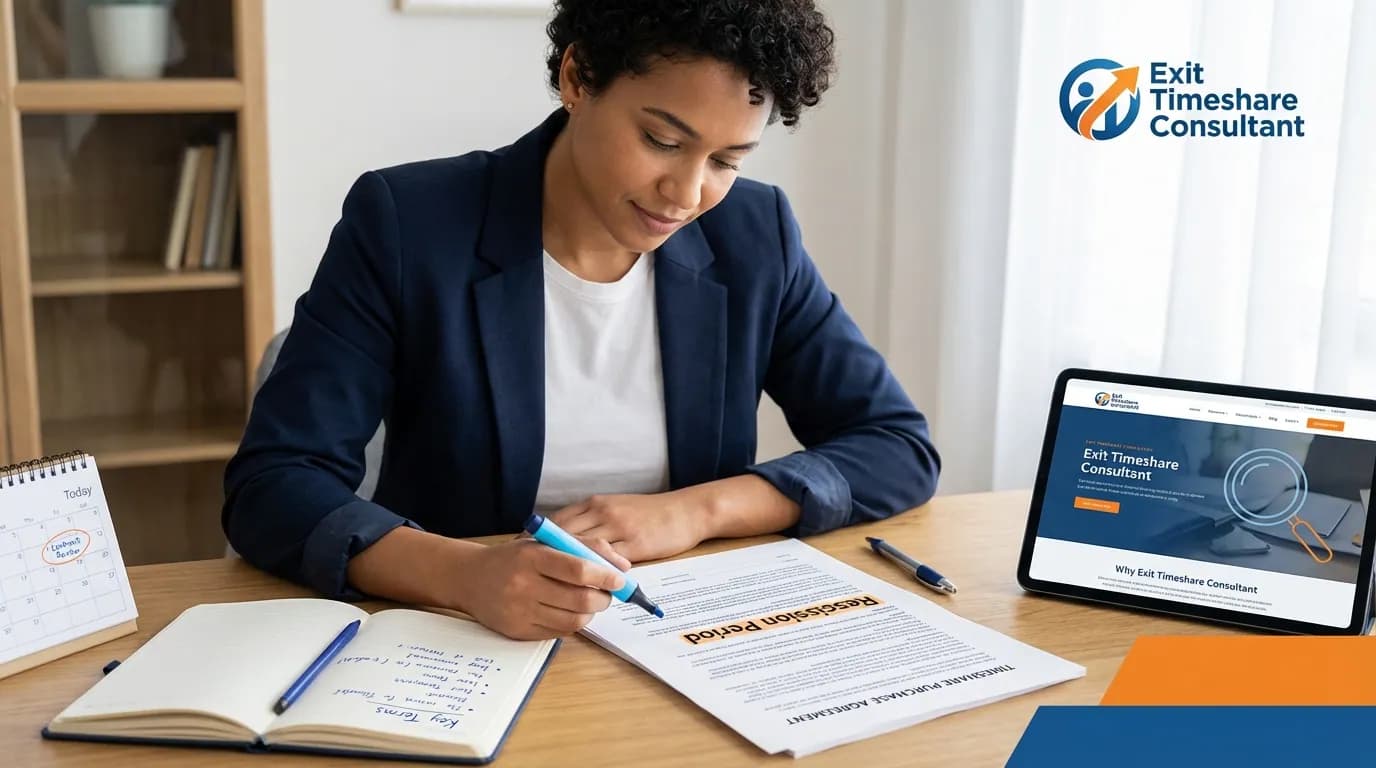 Person reviewing timeshare contract document with notes and highlighting