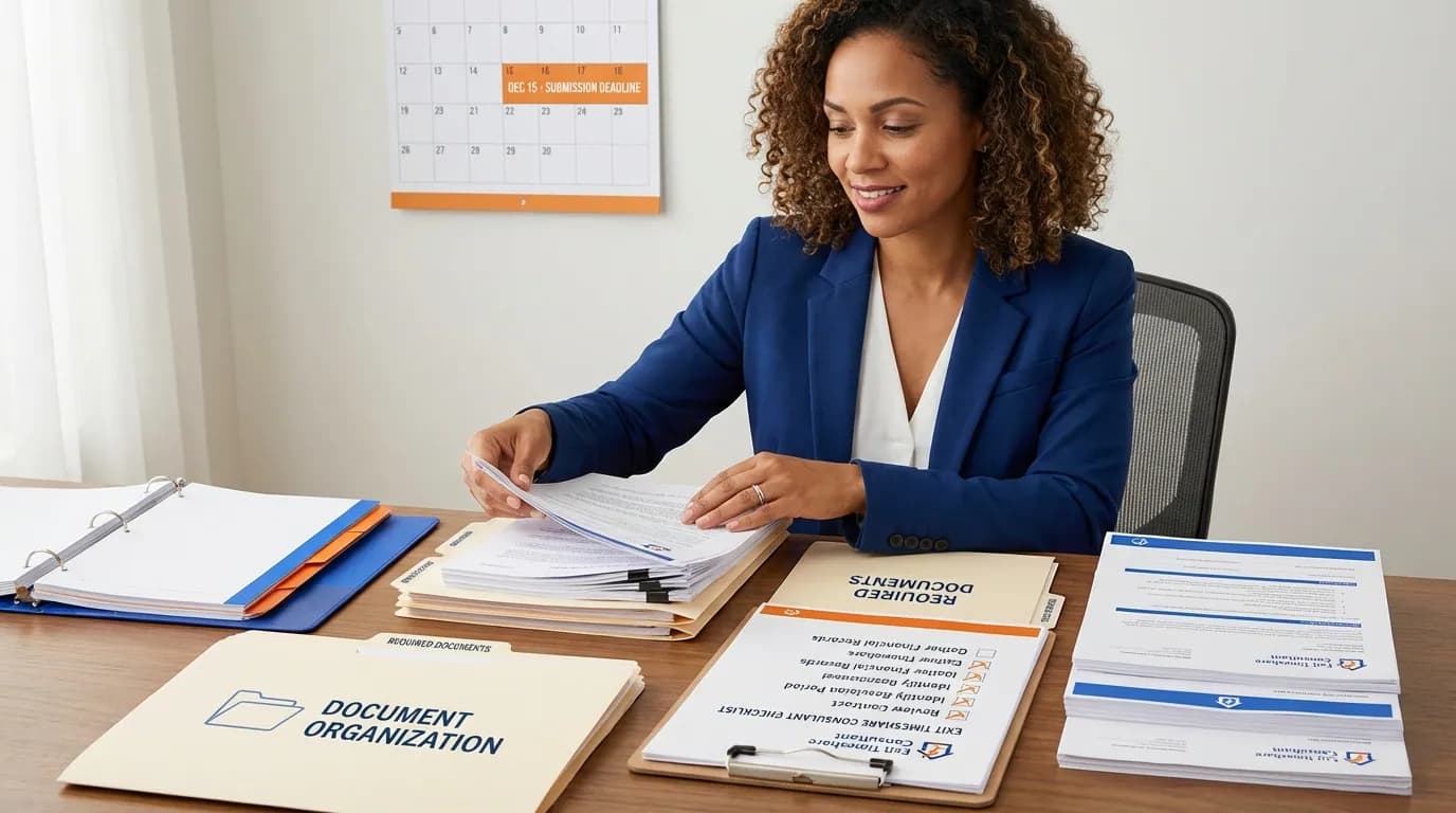 Person organizing timeshare documents in folders with checklist