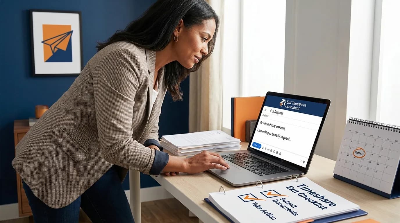 Person taking action on timeshare exit with computer showing email composition