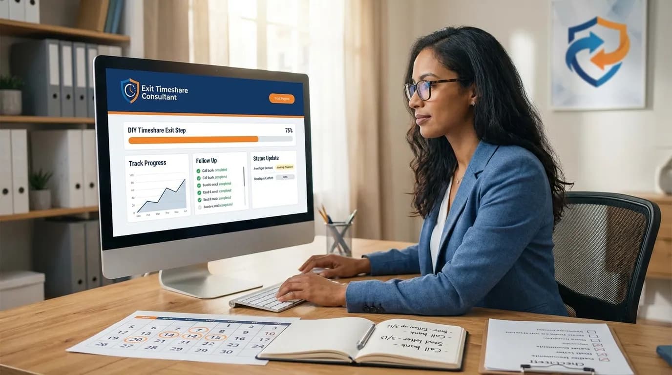 Person tracking timeshare exit progress with calendar and status updates